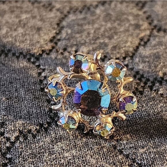 BSK VINTAGE DESIGNER SIGNED 3" BLUE AB RHINESTONE FLOWER FLORAL SPRAY PIN,EARRIN - Picture 10 of 11